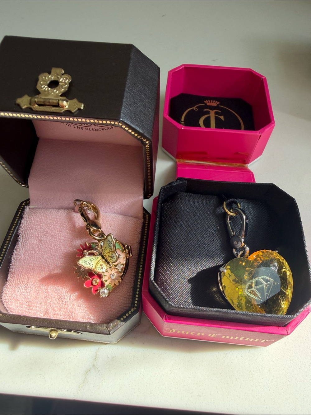 Juicy Couture Pink and Gold Heart Crystal Charm Keychain Pair